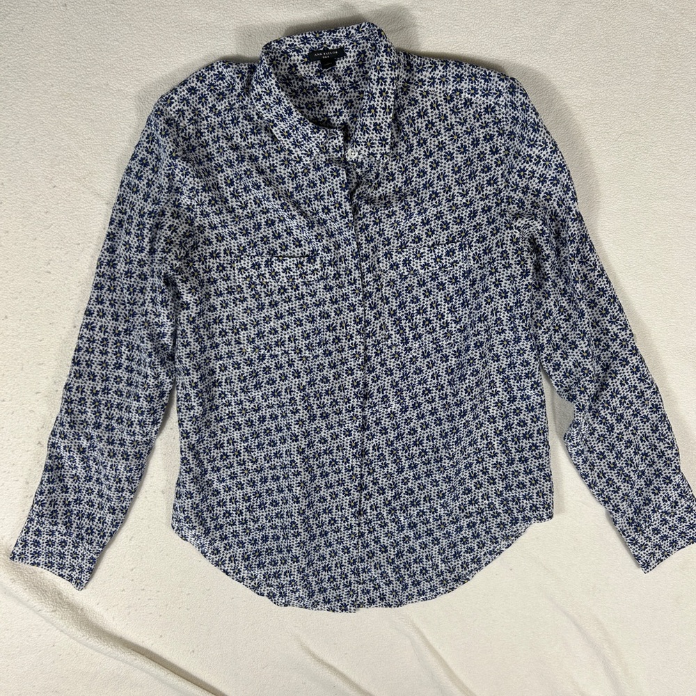 Ann Taylor Blue & Yellow Floral Silk Blouse Size Small